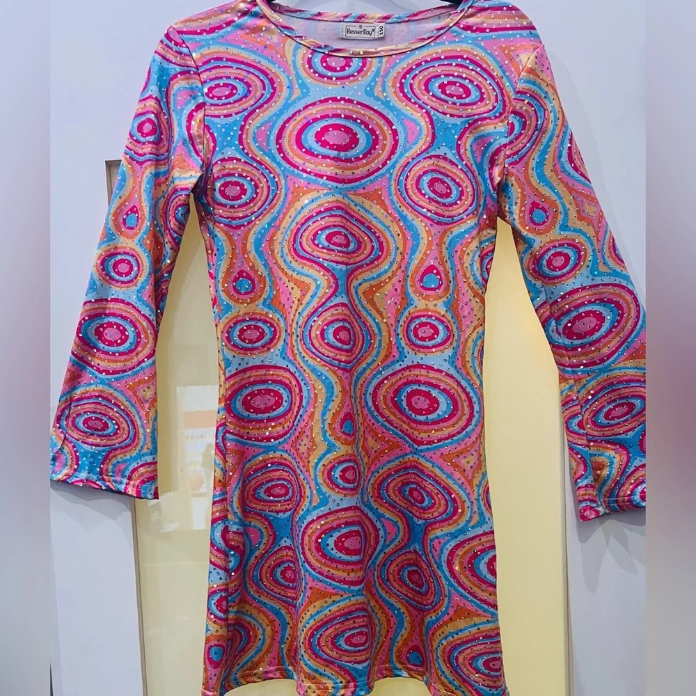 Retro 70s-Inspired Bell Sleeve Dress Swirl Print Pink/Orange/Blue Besser Bay S - Picture 1 of 2